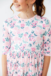 Softly Blooming 3/4 Sleeve Pocket Twirl Dress - Aaria Tees