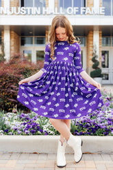 TCU Purple Frog 3/4 Sleeve Pocket Twirl Dress - Aaria Tees
