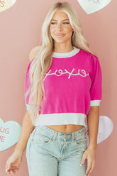 Bright Pink XOXO Embroidered Graphic Valentines Contrast Trim Crew Neck Short Puff Sleeve Sweater Tee - Aaria Tees