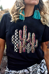 Black Mixed Pattern Cactus Graphic Print Relaxed T-Shirt - Aaria Tees