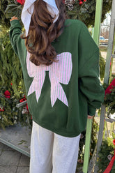 Blackish Green Striped Bow Graphic Oversized Sweatshirt - Aaria Tees
