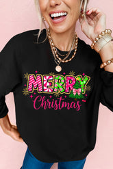 Black MERRY Christmas Playful Letter Print Drop Shoulder Sweatshirt - Aaria Tees
