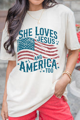White She Loves Jesus and America Flag Graphic Tee - Aaria Tees