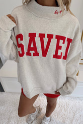 Gray Saved By Grace Embroidered Detail Letter Graphic High Neck Sweatshirt - Aaria Tees