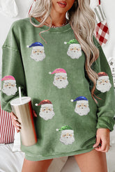 Grass Green Corded Ribbed Sequin Patched Santa Claus Graphic Sweatshirt - Aaria Tees