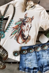 White Western Aztec Horse Graphic Crewneck Tee - Aaria Tees