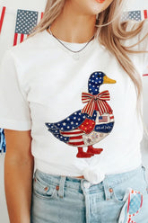 White Patriotic Patchwork Print Duck Graphic Tee - Aaria Tees