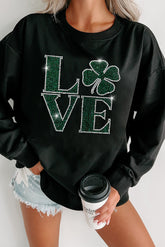 Black Rhinestone LOVE Clover Graphic St Patricks Pullover Sweatshirt - Aaria Tees