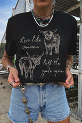 Black Western Cow Print Round Neck Casual Tee - Aaria Tees