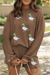 Chestnut Twisted Ribbed Sequin Mallard Graphic Long Sleeve Top and Short Set - Aaria Tees