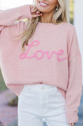 Pink Corded Love Script Graphic Baggy Sweater - Aaria Tees