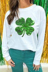 White Sequin 4-leaf Shamrock Long Sleeve Graphic Tee - Aaria Tees