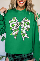 Dark Green St Patricks Clover Bow Printed Drop Shoulder Sweatshirt - Aaria Tees