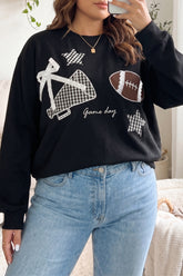 Black Rugby Game Day Patchwork Graphic Plus Size Sweatshirt - Aaria Tees