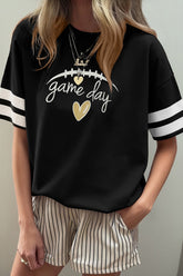 Black Game Day Embroidered Heart Pattern Varsity Casual T Shirt - Aaria Tees