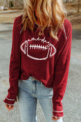 Red Game Day Rugby Football Graphic Thermal Knit Top - Aaria Tees