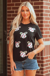 Black Shimmering Sequin Bow Ball Patterned Game Day Casual Tee - Aaria Tees