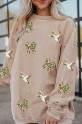 Apricot Twisted Rib Sequin Patched Mallard Bow Pattern Oversized Sweatshirt - Aaria Tees