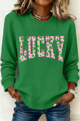 Dark Green LUCKY Clover Letter Printed Loose Pullover Sweatshirt - Aaria Tees