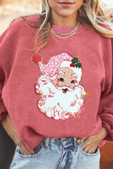 Strawberry Pink Santa Claus Sparkle Corded Crew Neck Sweatshirt - Aaria Tees