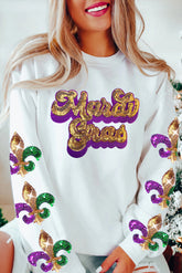Beige Sequin Mardi Gras Patched Pattern Fleur de Lis Sleeve Sweatshirt - Aaria Tees