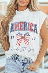 White Patriotic Slogan America Flag Print Mock Neck Tee - Aaria Tees