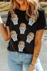 Black Sequin Basketball Patched Graphic Game Day T Shirt - Aaria Tees