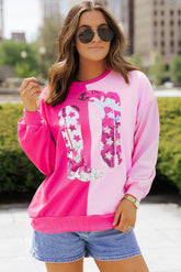 Pink Color Block Sequined Cowgirl Boots Graphic Sweatshirt - Aaria Tees