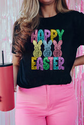 Black Glittering Bunny HAPPY EASTER Graphic T Shirt - Aaria Tees