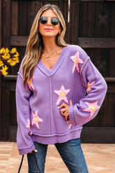 Lavendula Brushed Star Graphic V Neck Drop Shoulder Oversize Sweater - Aaria Tees