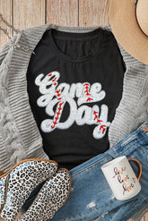 Black Sequin Game Day Graphic Crew Neck Tee - Aaria Tees