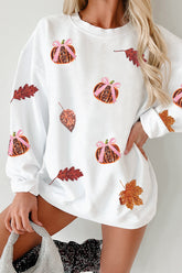 White Sequin Pumpkin Leaf Corded Ribbed Oversized Sweatshirt - Aaria Tees