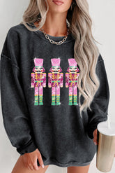 Black Christmas Sequined Nutcrackers Mineral Wash Corded Sweatshirt - Aaria Tees