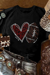 Black Rhinestone Rugby Football Heart Shape Graphic T Shirt - Aaria Tees