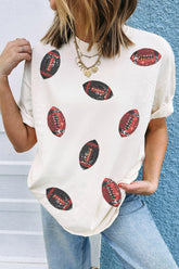 White Sequin Rugby Pattern Round Neck Casual T Shirt - Aaria Tees