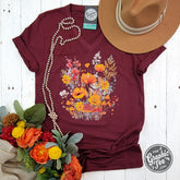 Fall Boho Floral Heather Cardinal V-Neck Short Sleeve Tee - Aaria Tees