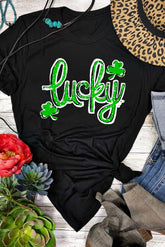 Black St. Patricks Lucky Clover Print O Neck T Shirt - Aaria Tees