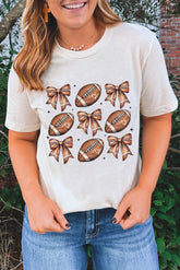 White Football Fashion Bow Print Cotton Blend T Shirt - Aaria Tees