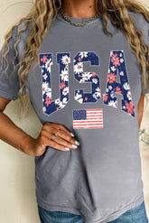 Gray Blooming USA Flag Print Casual T Shirt - Aaria Tees