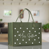 Polka Dot Mrs. Last Name Tote Bag Personalized Date Wedding Tote Bridal Shower Gift Honeymoon Gift Customized Wedding Gift Bridesmaid Gift - Aaria Tees