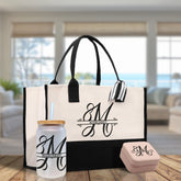 Split Initial and Name Custom Cotton Canvas Tote Bag Personalized Initial Tote Birthday Gift Wedding Gift Jewelry Box Frosted Can Glass Set - Aaria Tees