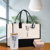 Personalized Kids and Grandkids Name Cotton Canvas Tote Bag Custom Flower Tote Bag Gift for Mom Gift for Grandma Birth Month Grandkids Name - Aaria Tees