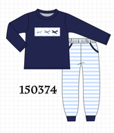 Navy Airplane Embroidery Pants Set - Aaria Tees