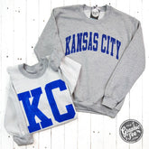 Kansas City Royal Blue Ink Reversible Sport Grey Crewneck Sweatshirt - Aaria Tees