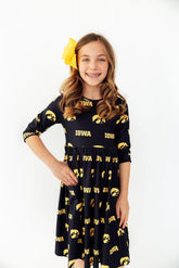 Iowa Black Tigerhawk 3/4 Sleeve Pocket Twirl Dress - Aaria Tees