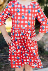 Nebraska Plaid Herbie Husker 3/4 Sleeve Pocket Twirl Dress - Aaria Tees