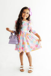 Colorful Carnations 3/4 Sleeve Ruffle Twirl Dress - Aaria Tees