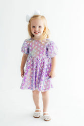Periwinkle Heart Puff Sleeve Sequin Dress - Aaria Tees