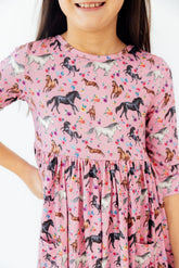 Petals & Ponies 3/4 Sleeve Pocket Twirl Dress - Aaria Tees