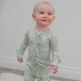 Mint Butterfly Daisy Bamboo Ruffle Baby Footie - Aaria Tees